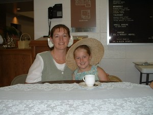 My mother and I attend the Mom-and-Me Tea party for Girls Scouts. 